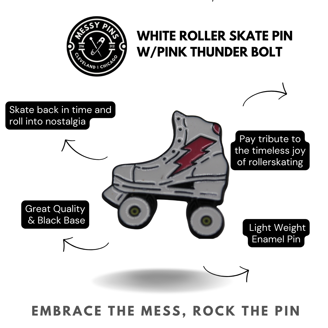 White Roller Skate Pin w/Pink Thunder Bolt Pin