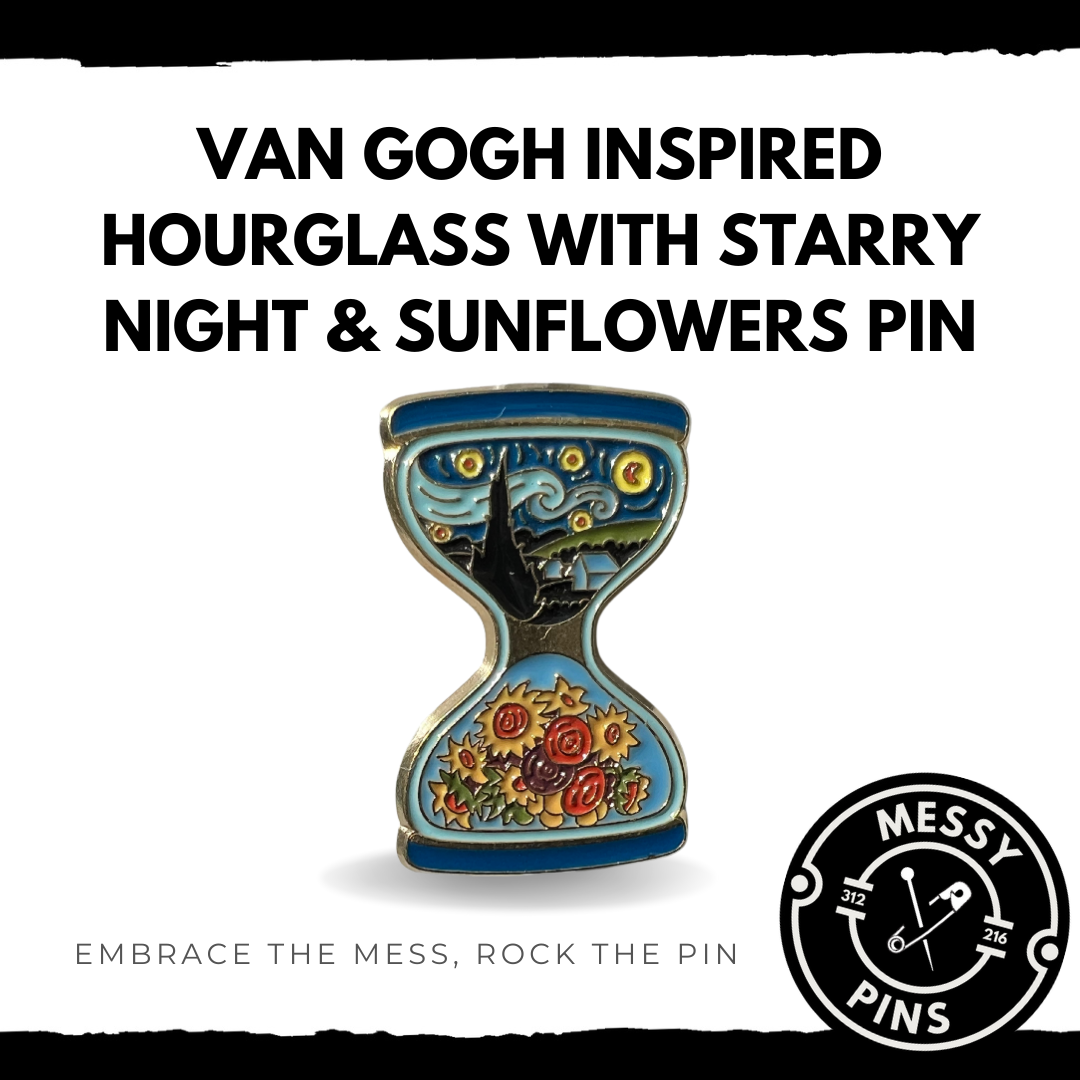 Van Gogh Inspired Hourglass with Starry Night & Sunflowers Pin