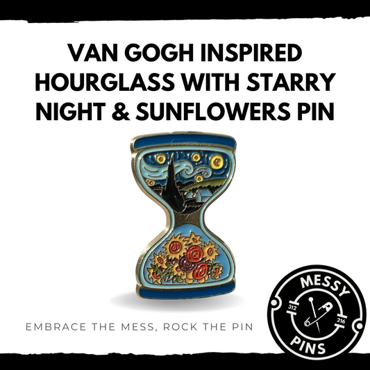 Van Gogh Inspired Hourglass with Starry Night & Sunflowers Pin