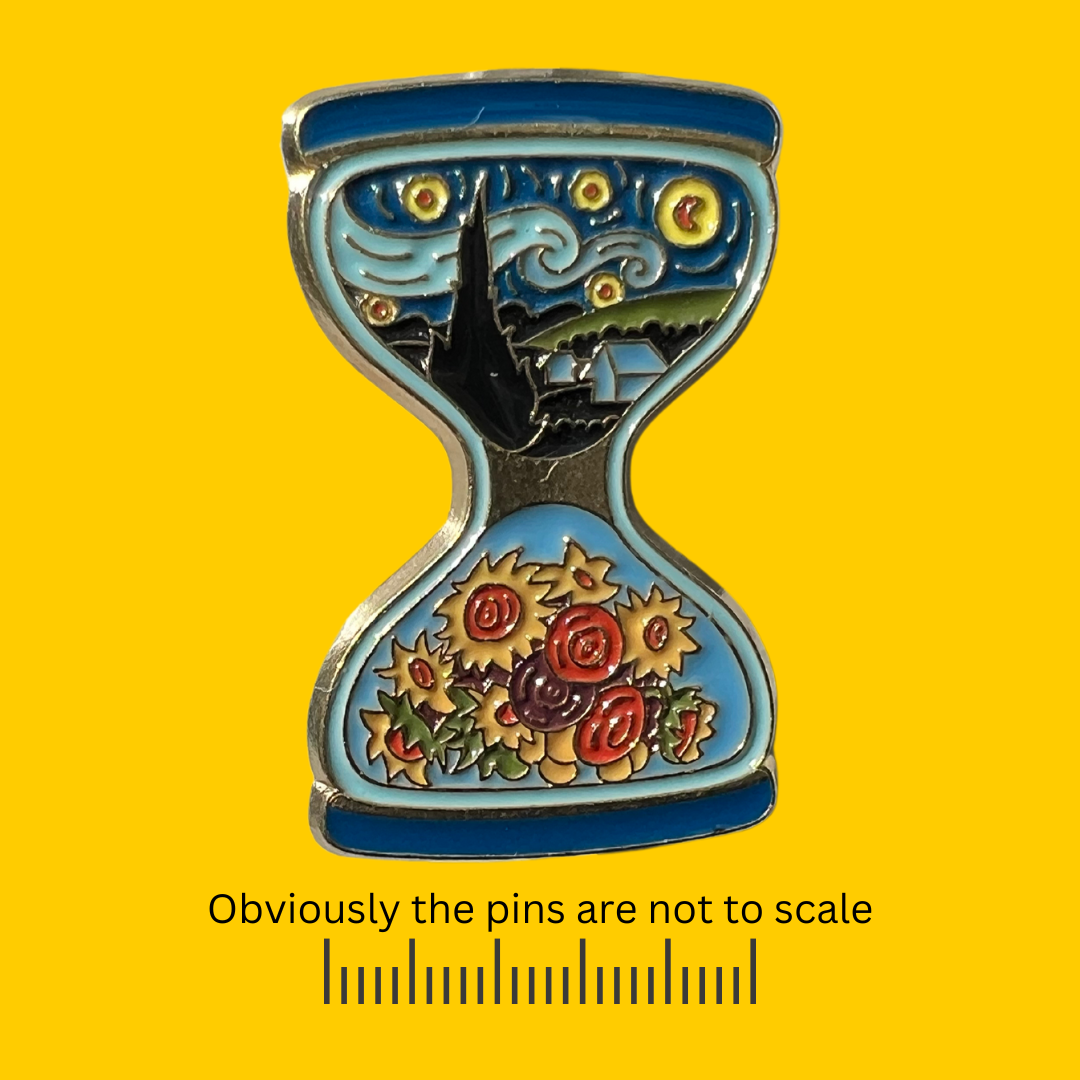 Van Gogh Inspired Hourglass with Starry Night & Sunflowers Pin