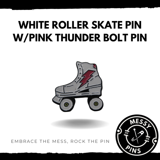 White Roller Skate Pin w/Pink Thunder Bolt Pin