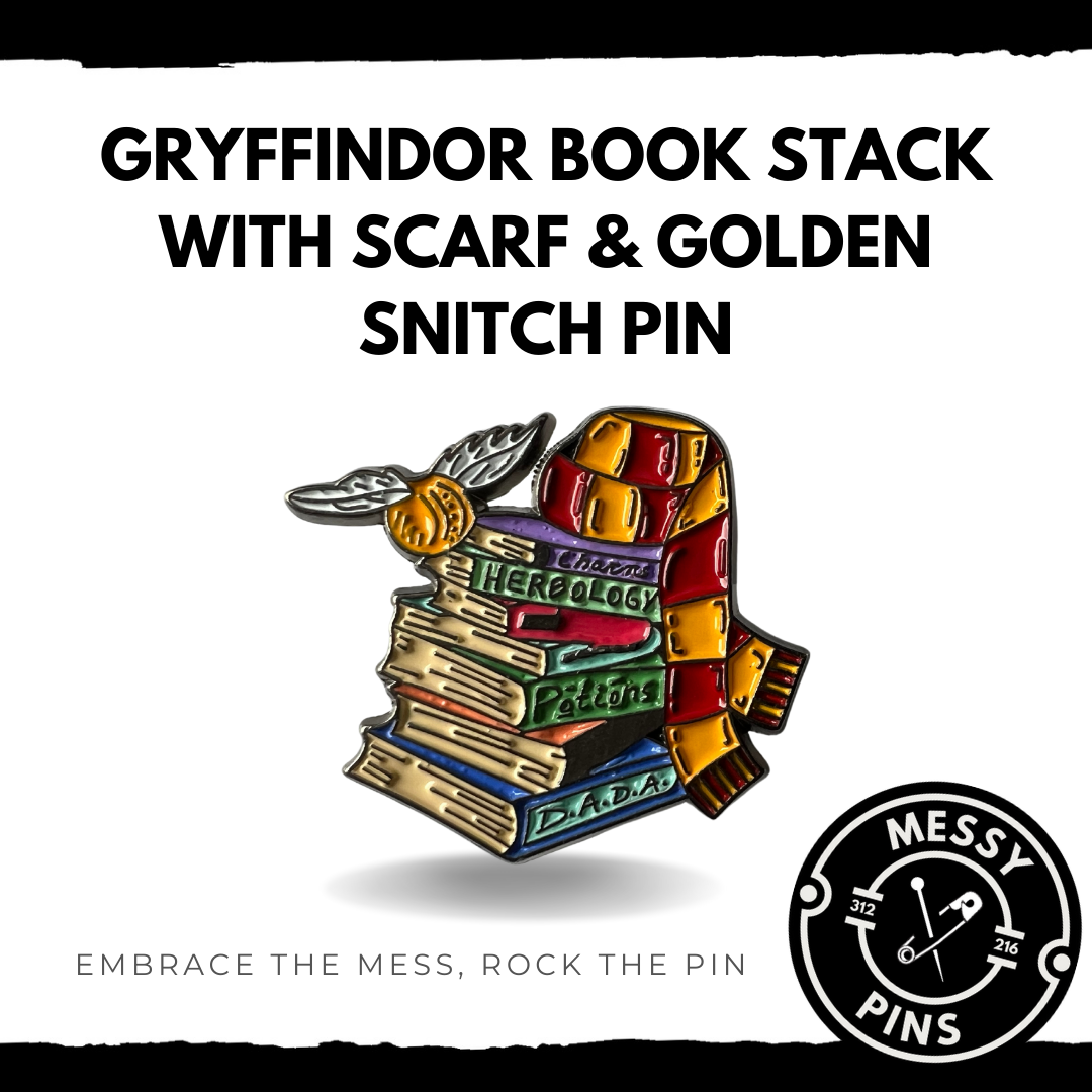 Gryffindor Book Stack with Scarf with Golden Snitch Pin