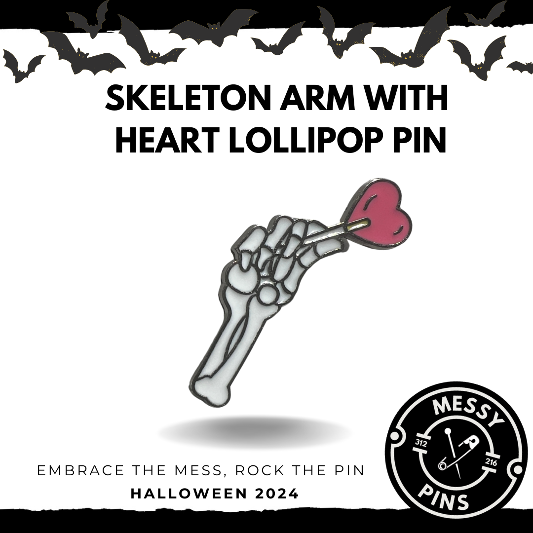 Skeleton Arm with Heart Lollipop Pin