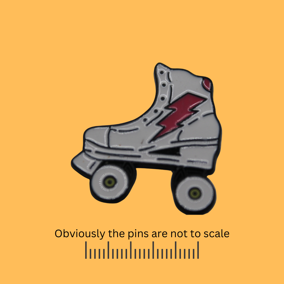 White Roller Skate Pin w/Pink Thunder Bolt Pin