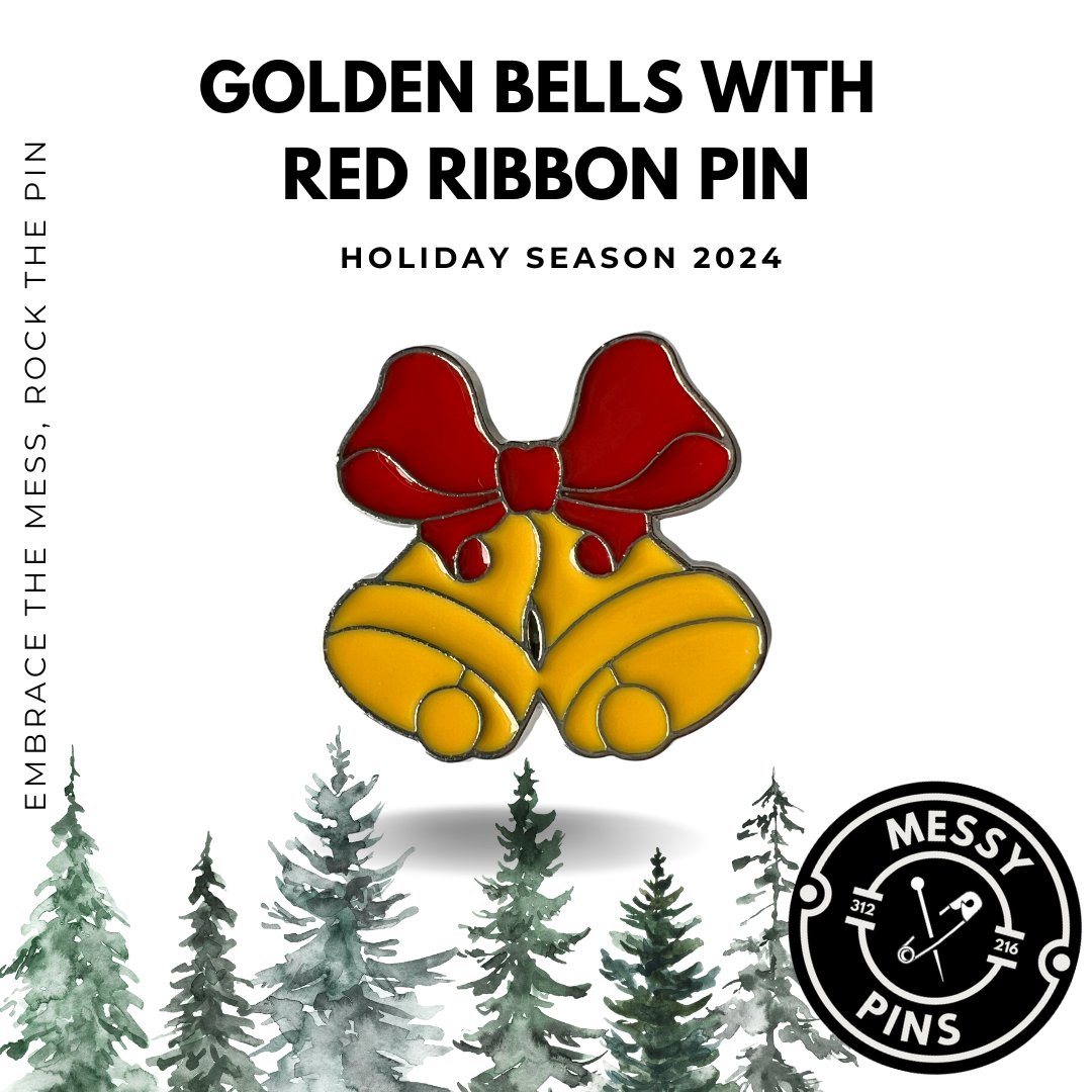 Golden Bells With Red Ribbon Pin