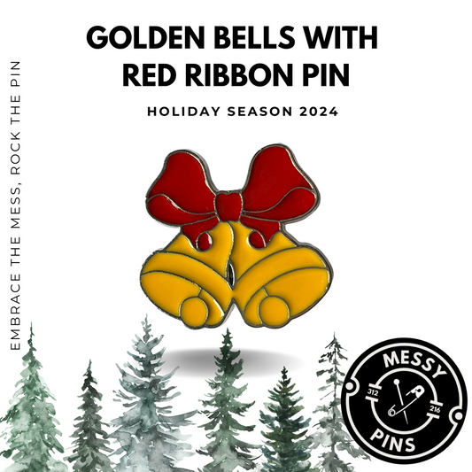 Golden Bells With Red Ribbon Pin