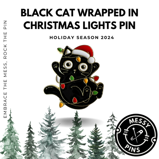 Black Cat Wrapped In Christmas Lights Pin