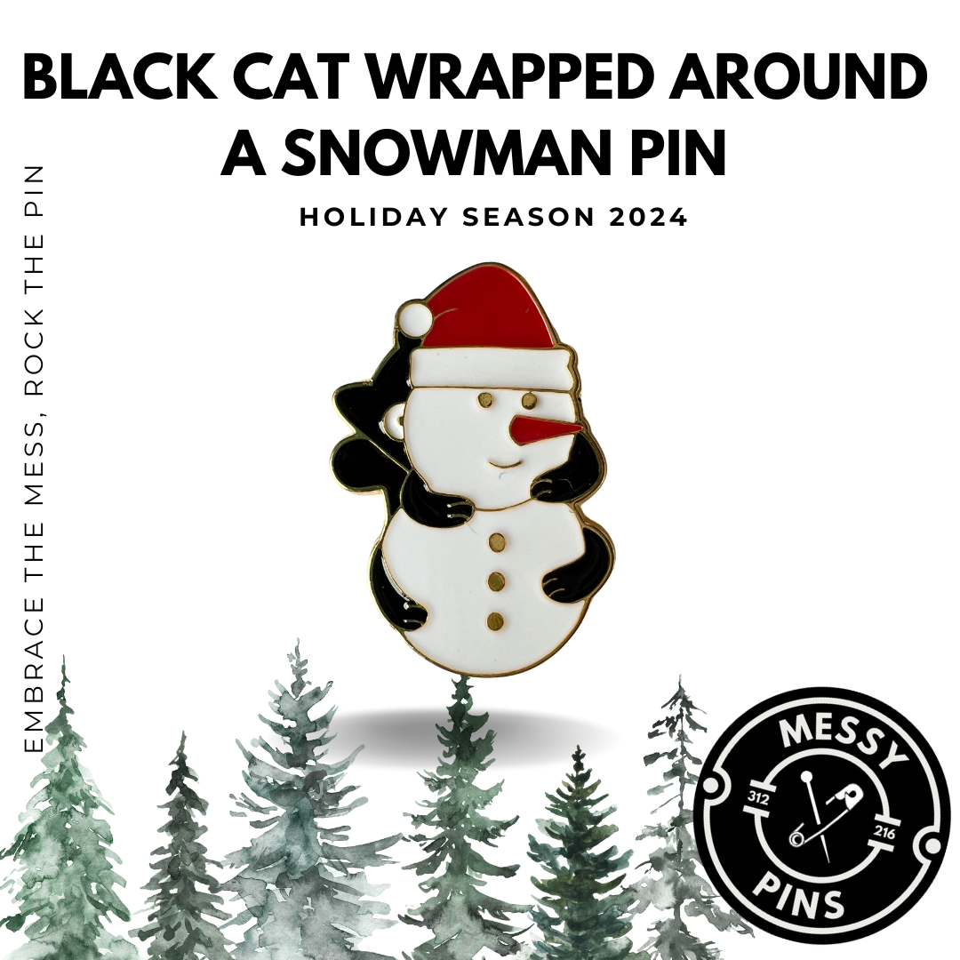 Black Cat Wrapped Around a Snowman Pin