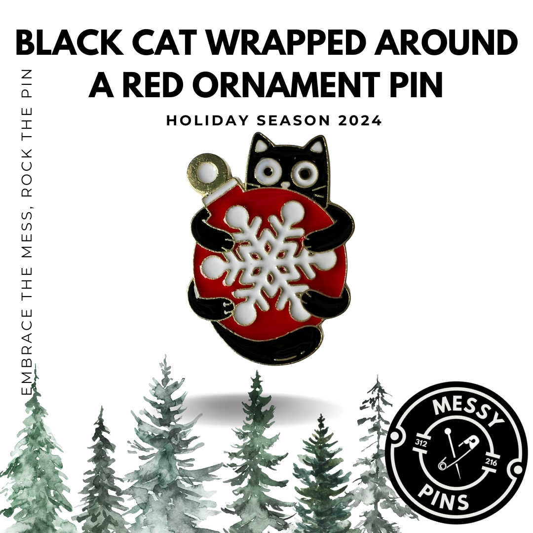 Black Cat Wrapped Around a Tree With Red Ornaments