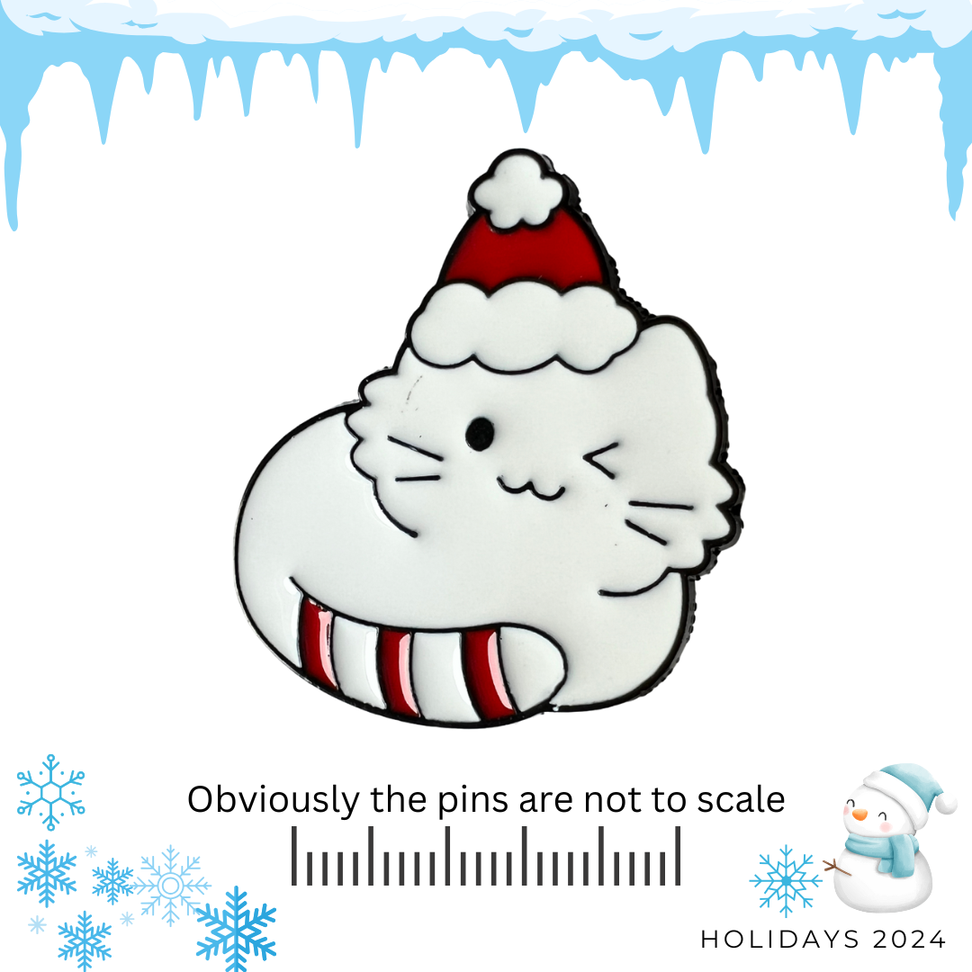 White Cat with Santa Hat & Candy Cane Tail Pin