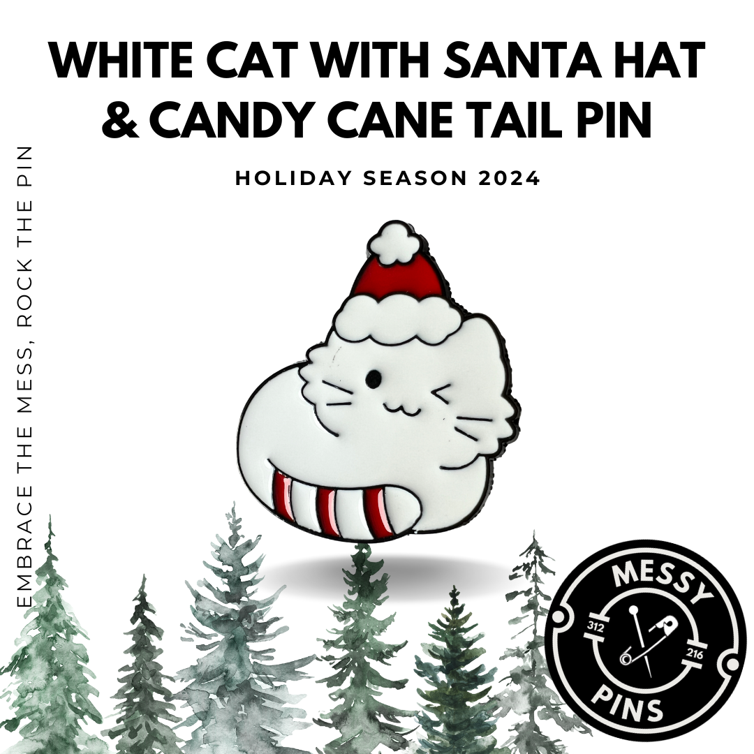 White Cat with Santa Hat & Candy Cane Tail Pin