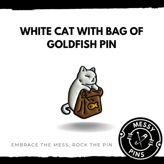 Cat with Brown Bag of Goldfish Pin