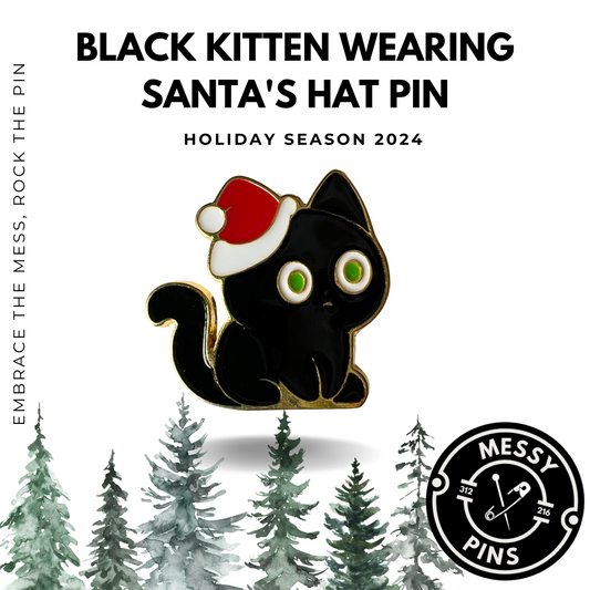 Black Kitten Wearing Santa's Hat Pin