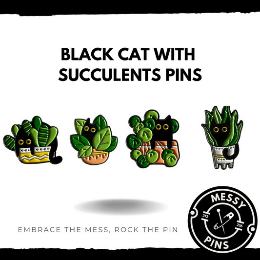 Black Cat with Succulents Pins