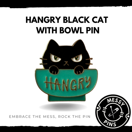 Hangry Black Cat With Bowl Pin