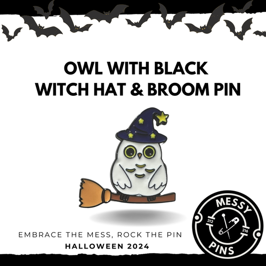 Owl With Black Witch Hat & Broom Pin