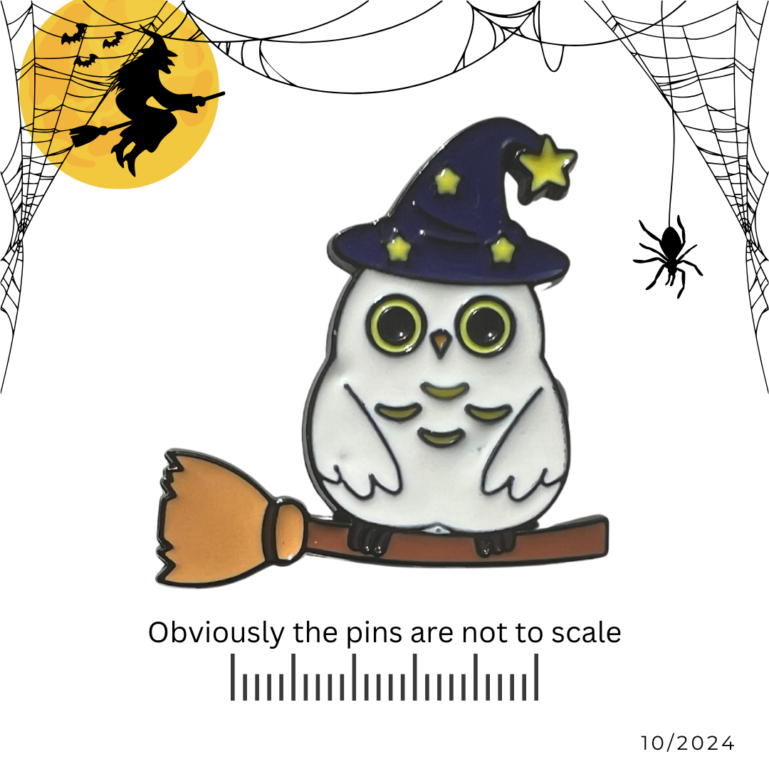 Owl With Black Witch Hat & Broom Pin